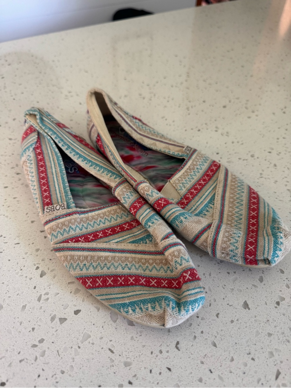 Skechers Patterned Slip-On Flats in Red, Teal & Cream